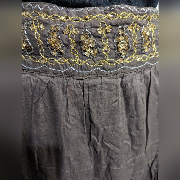 OVERDRIVE | Maxi Skirt Embroidery/Sequin Waistband Flowy | Brown | Plus Size 1X - Picture 6 of 7